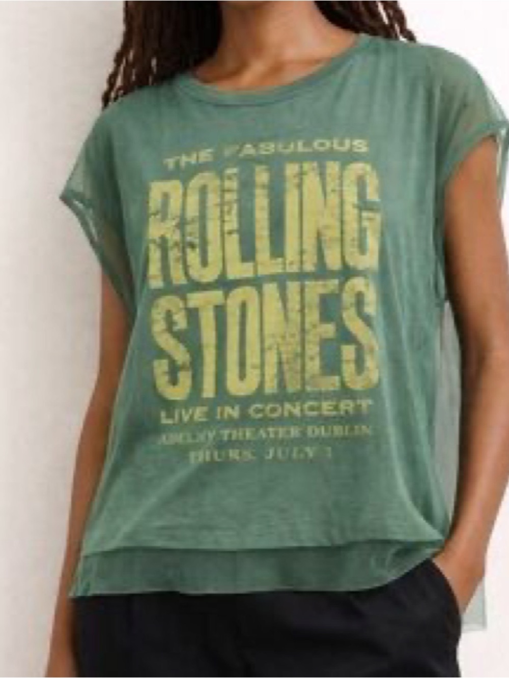 Pilcro Anthropologie Graphic Mesh Top Green Rolling Stones Tee Sheer Layered M